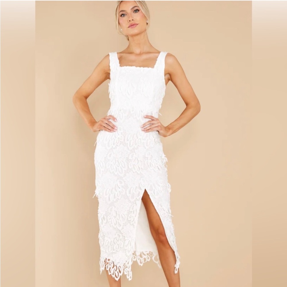 Red Dress White Square Neck Dress w/ Slit
